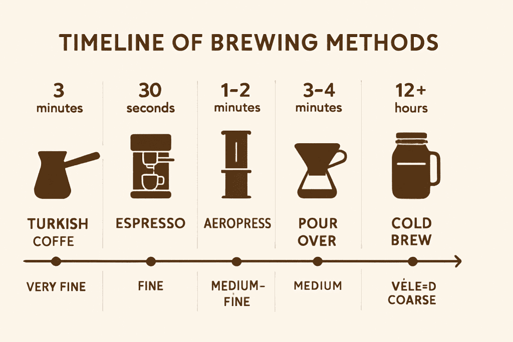Brewing time and grind size relationship across different coffee methods