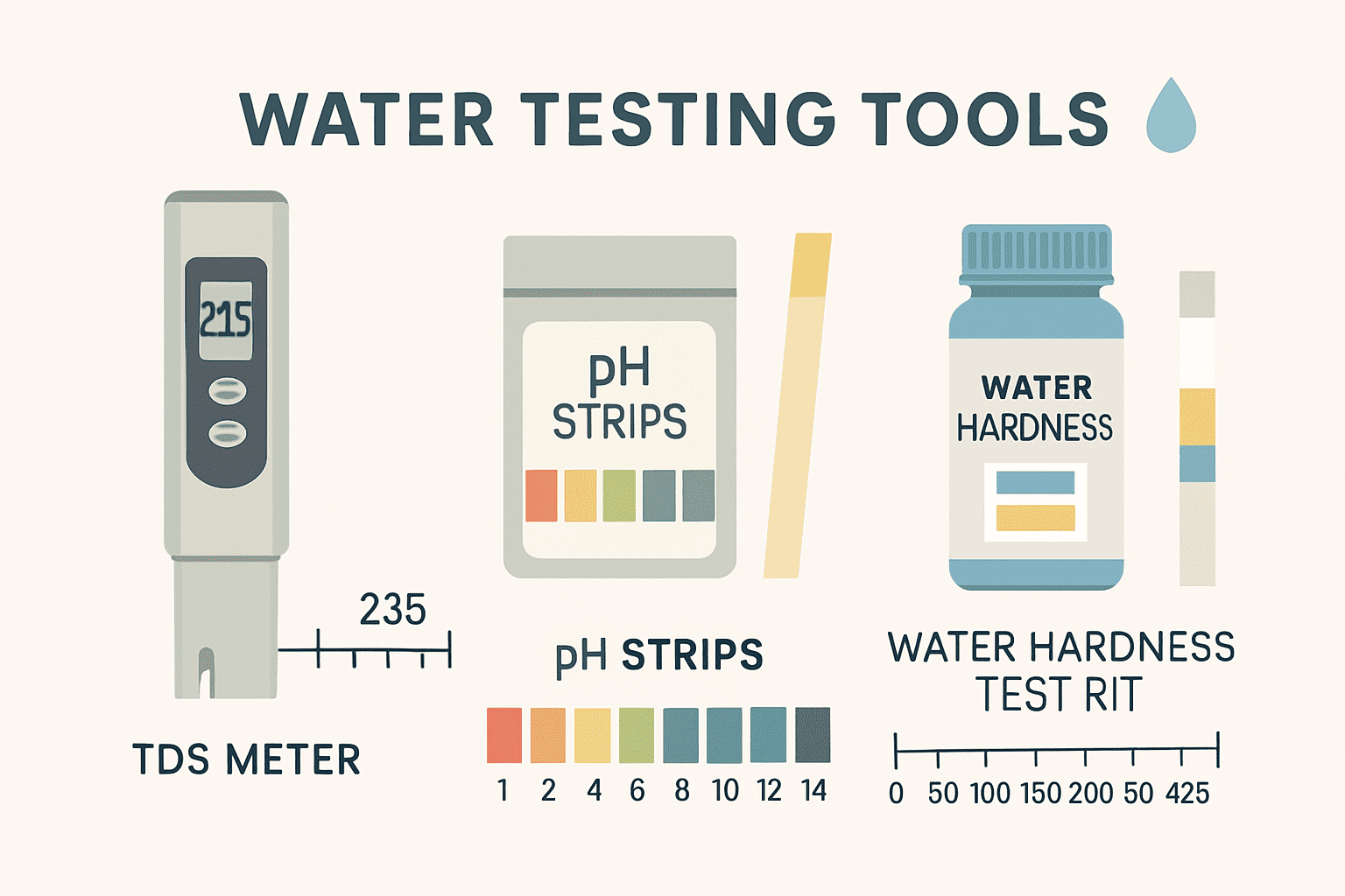 Visual guide to water testing equipment and measurements