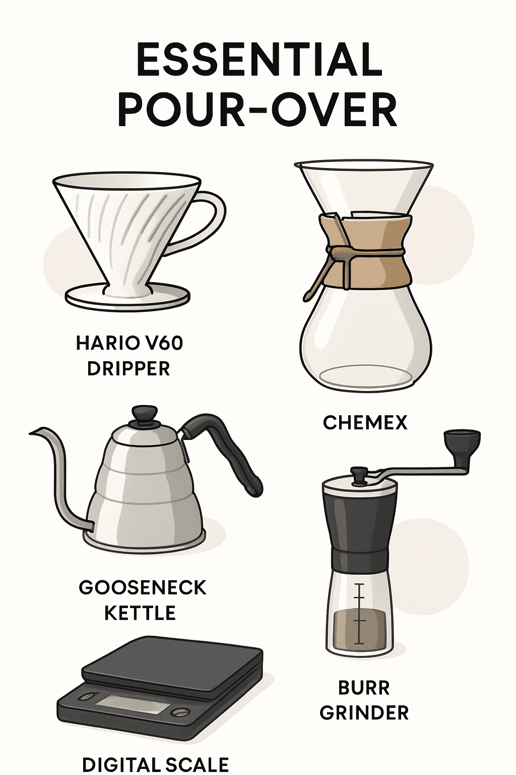 Essential equipment for pour-over coffee brewing infographic