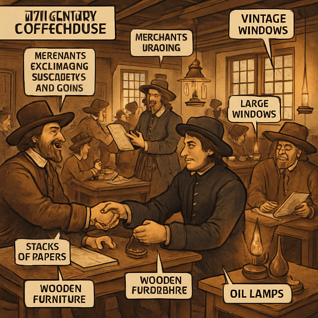 Infographic of a 17th-century coffeehouse as economic hub