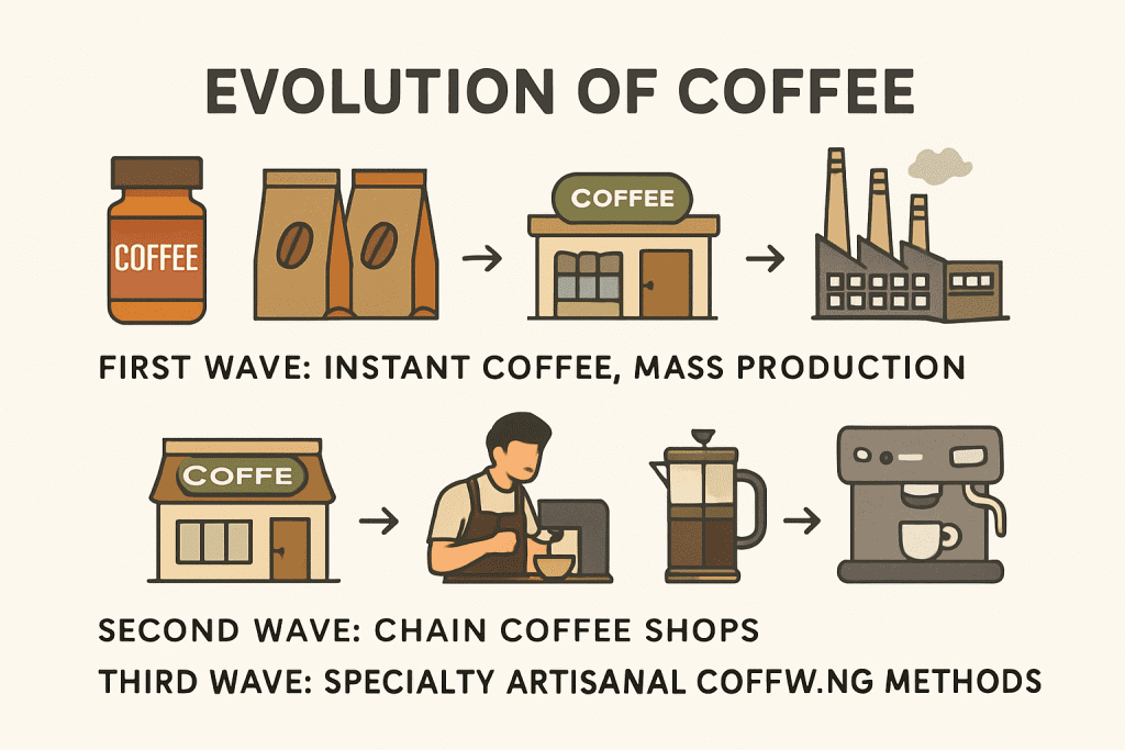 The evolution of coffee culture through three distinct waves