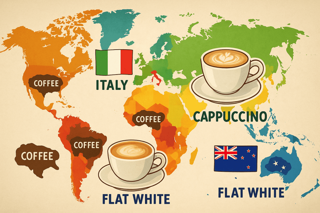 Geographic origins of cappuccino and flat white coffee drinks