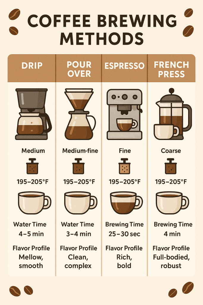 Coffee brewing methods guide showing drip, pour-over, espresso, and French press