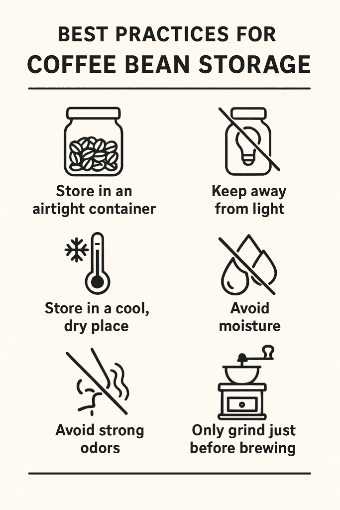 Proper coffee bean storage tips - airtight containers, avoiding light and moisture