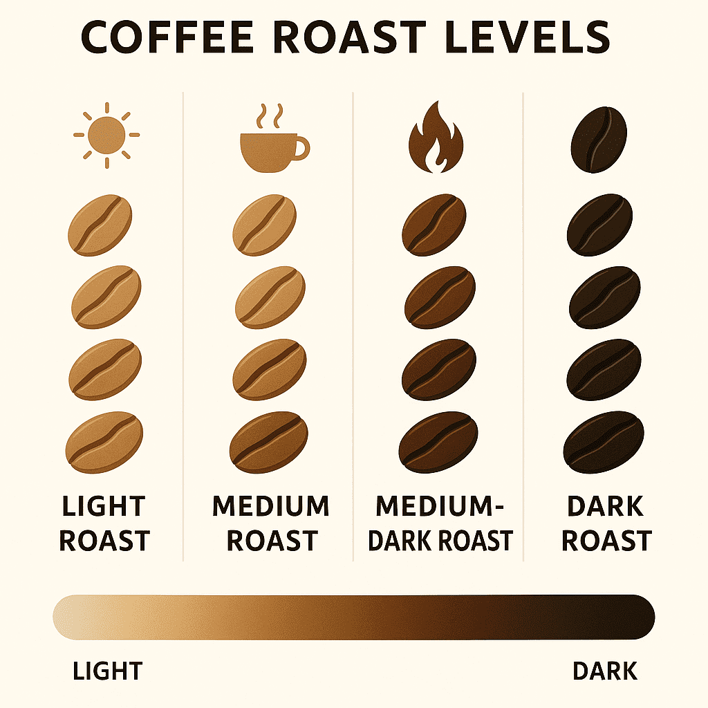 Coffee roast level gradient showcasing light, medium, dark
