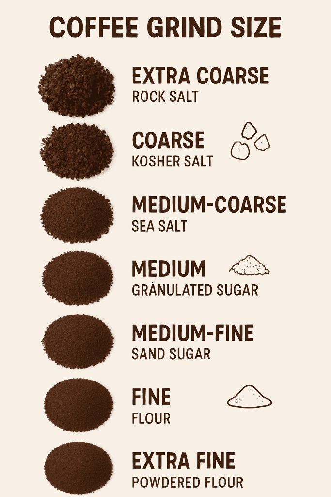 Visual grind size comparison infographic from extra coarse to extra fine particles
