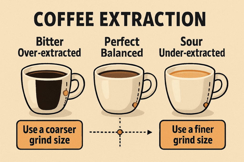 Coffee extraction troubleshooting guide showing how grind size affects flavor