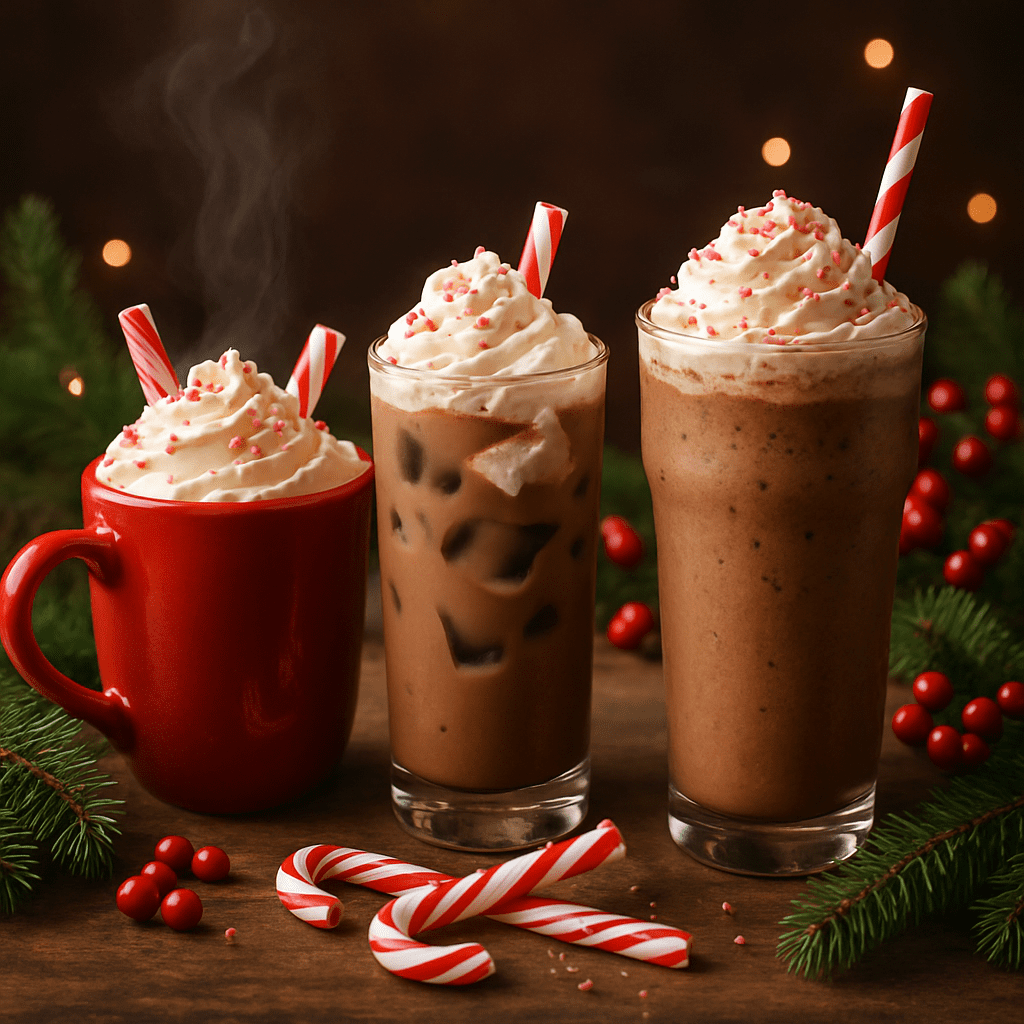 Hot, iced, and frappuccino versions of peppermint mocha