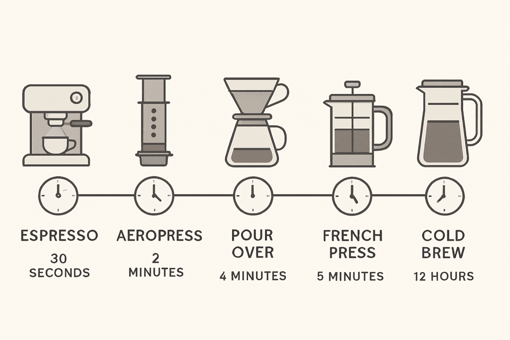 Brewing time comparison chart for different coffee brewing methods