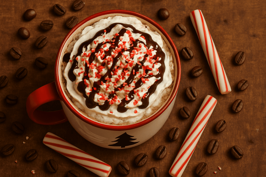 Homemade peppermint mocha with whipped cream, chocolate drizzle, and crushed candy canes