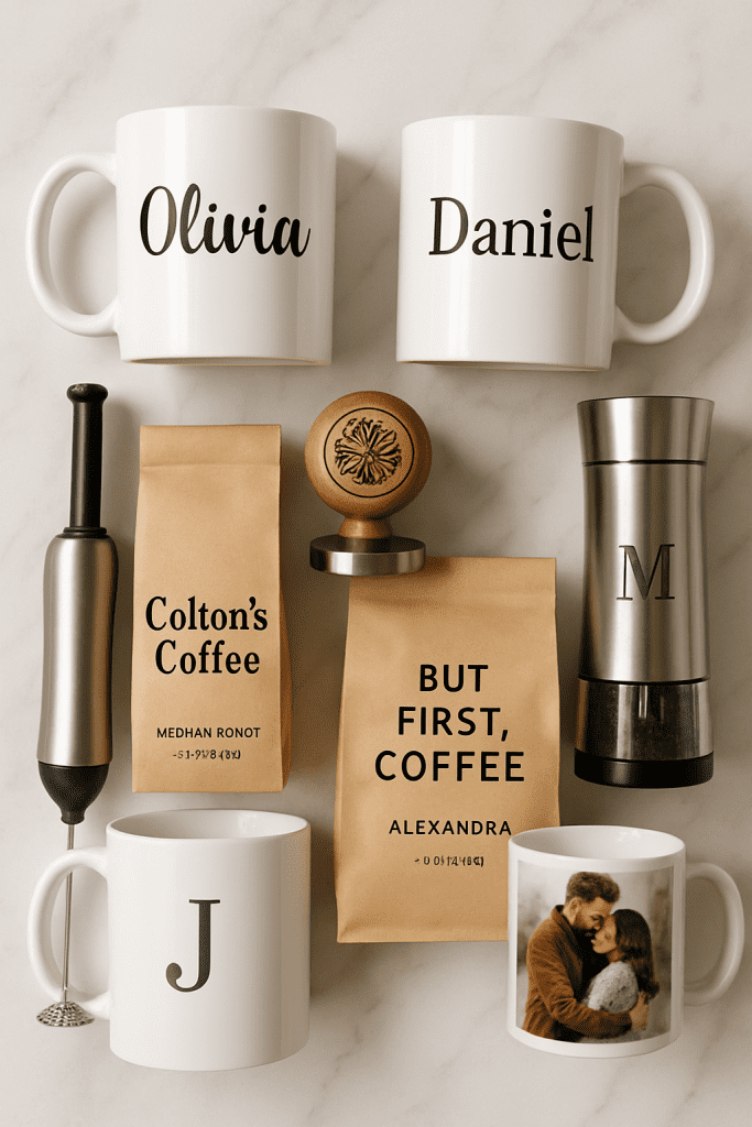 Custom personalized coffee gifts with engraved mugs and labels