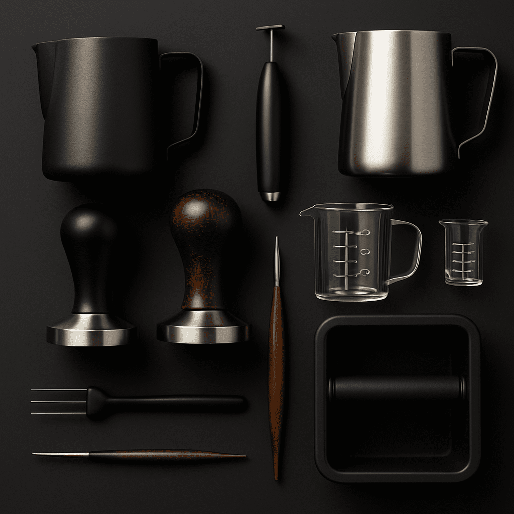 Professional barista tools including espresso tampers and milk frothers"