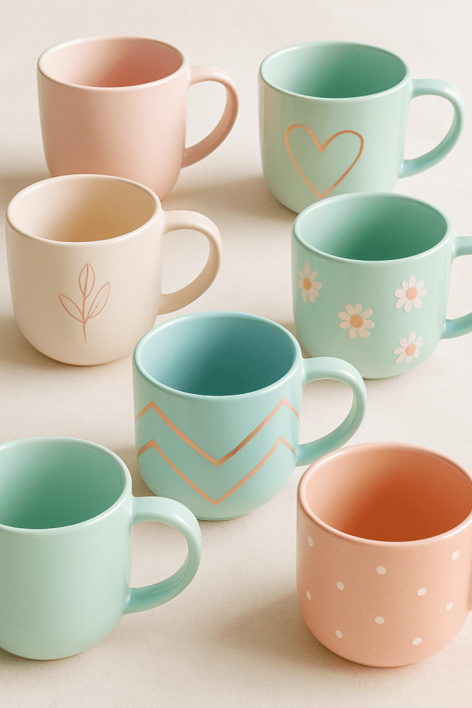 Aesthetic coffee mugs with pastel colors and minimalist designs