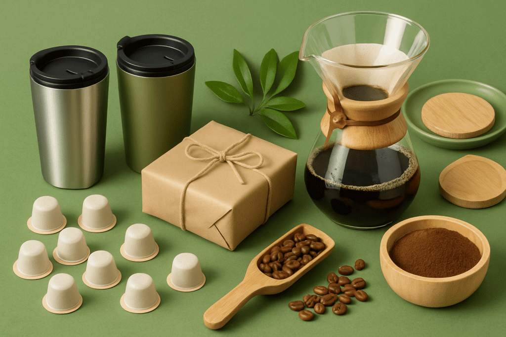Sustainable coffee gifts including reusable cups and glass brewers"

