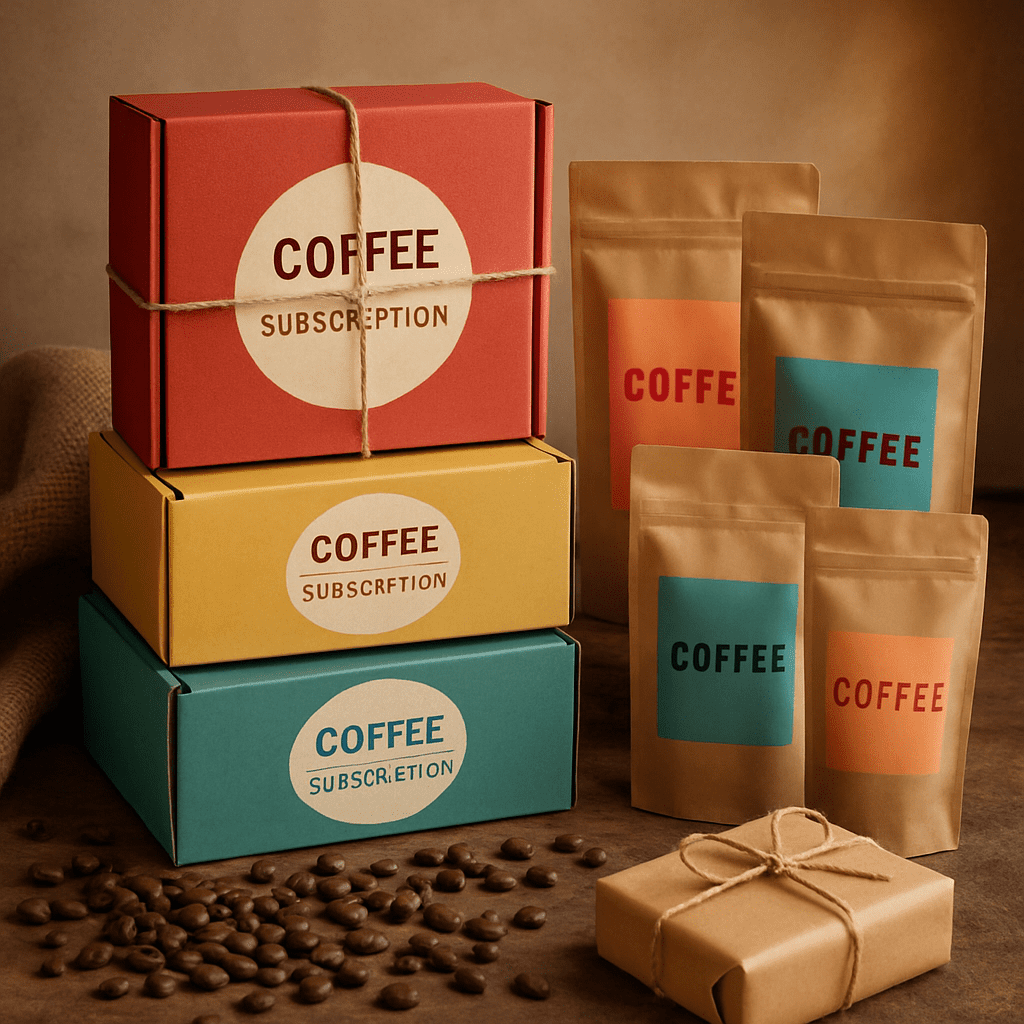 Stacked coffee subscription boxes with branded packaging