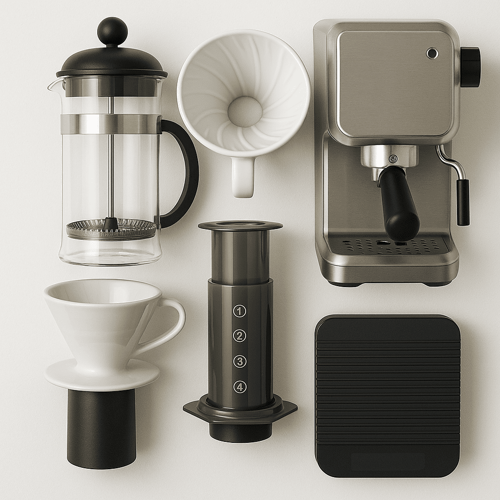 Coffee brewing equipment including French press, pour-over, AeroPress, and scales