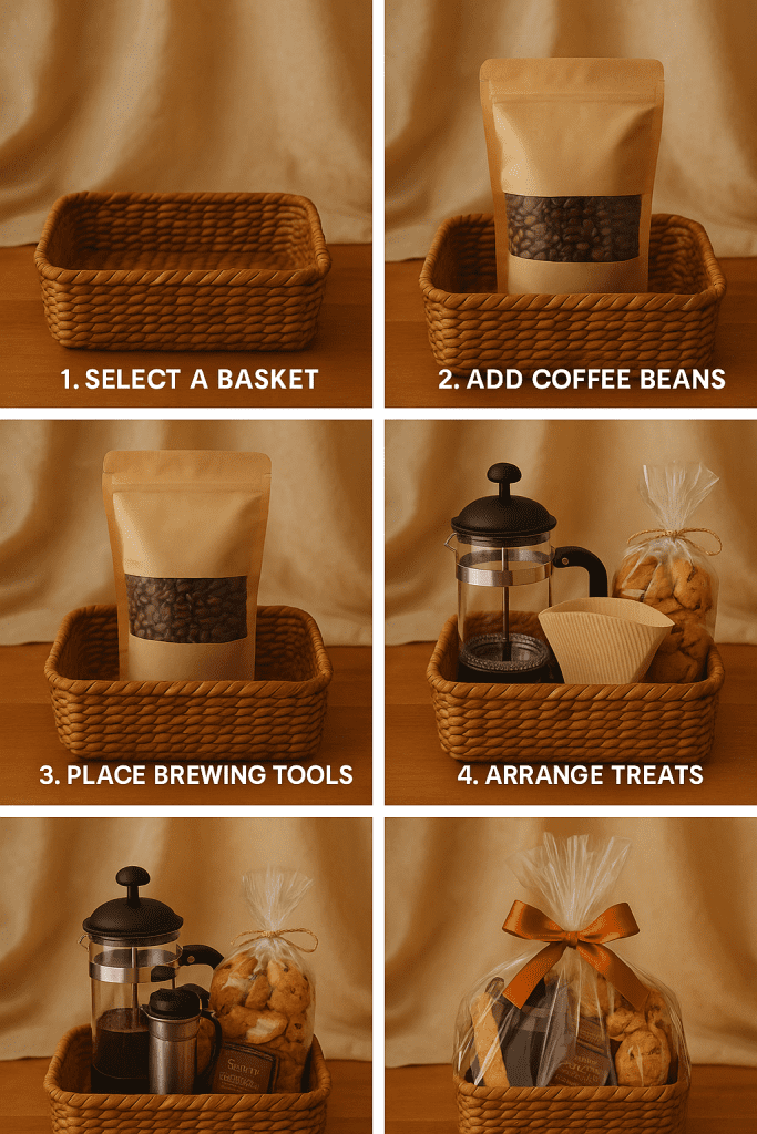 DIY Coffee Gift Basket Steps: Container, Coffee, Tools, Treats, and Final Wrapping