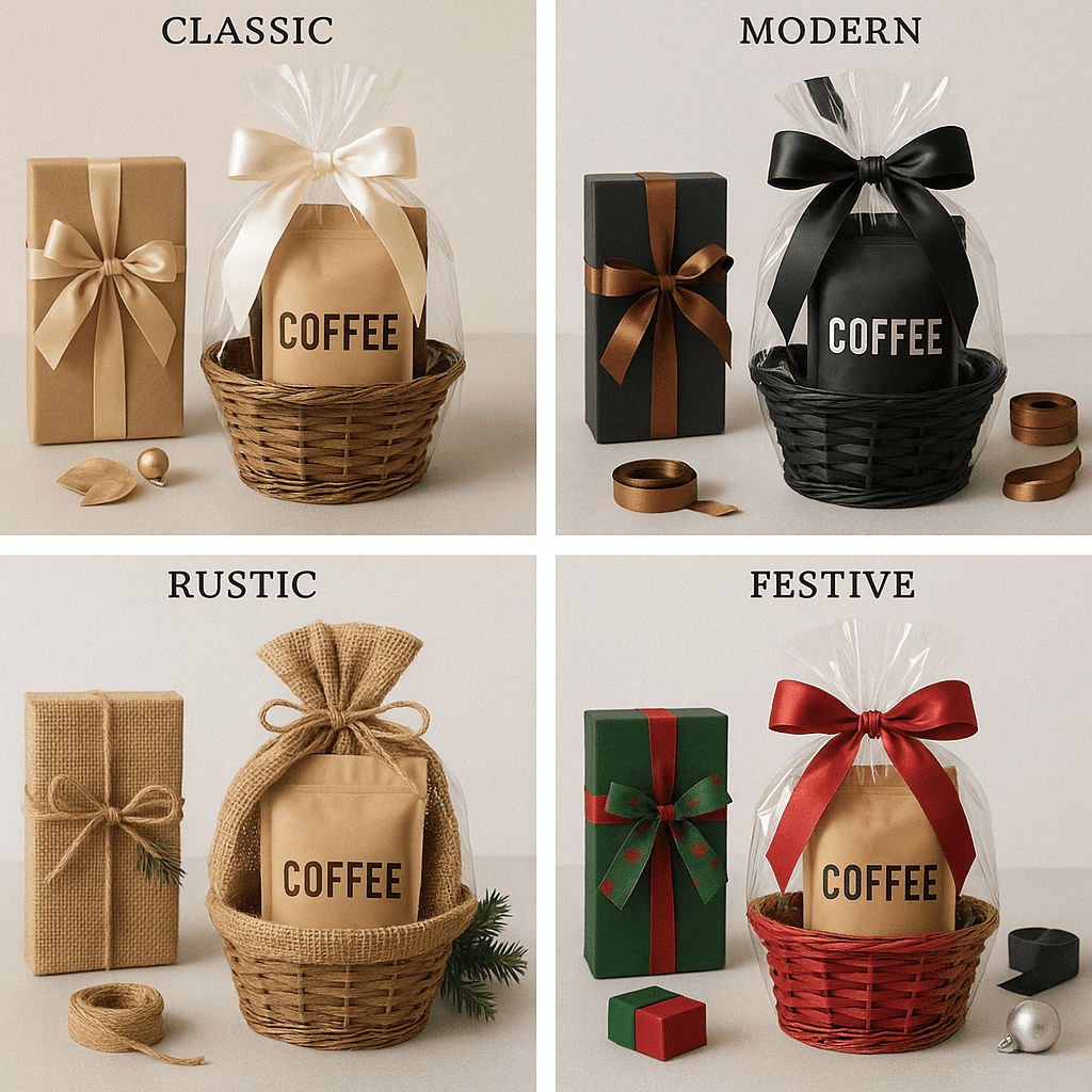 Packaging & Color Palettes: Classic, Modern, Rustic, Festive, and Elegant Coffee Gift Basket Designs