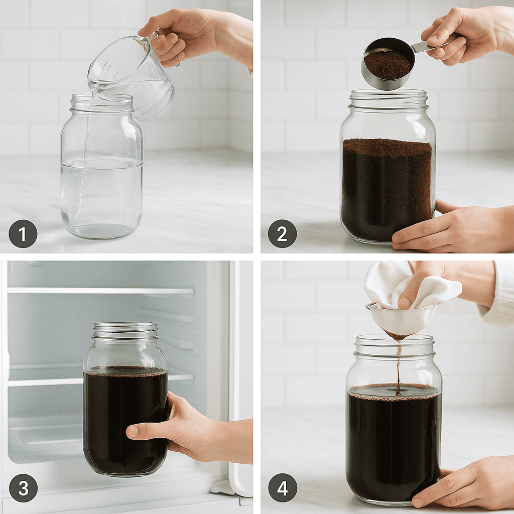 Cold brew making process: adding water, ground coffee, steeping 18 hours, and straining stages