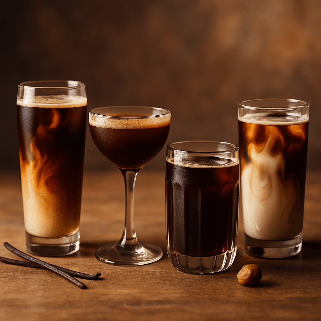 Creative cold brew flavor variations: vanilla, cinnamon, nutty versions in glasses