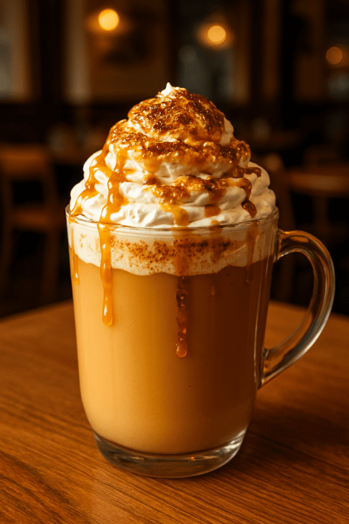 An elegant caramel brรปlรฉe latte with indulgent caramel sauce and a crispy brรปlรฉe top.
