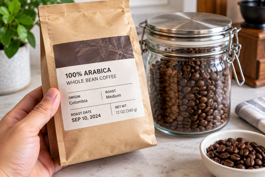 Coffee bag showing a roast date next to an airtight storage canister