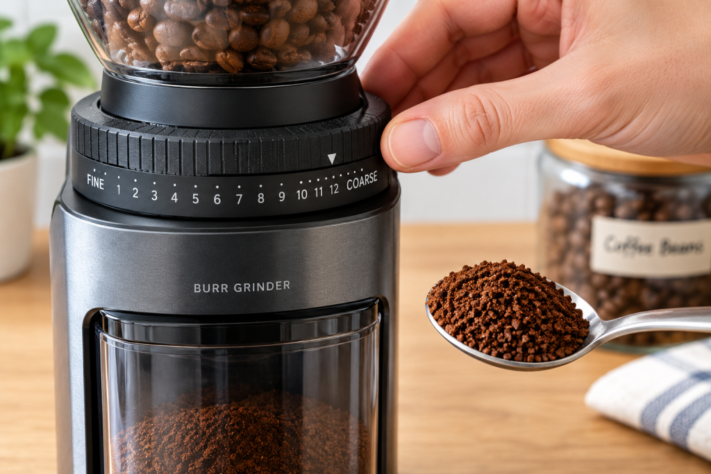 Burr grinder dial set to a coarse setting with ground coffee in a spoon