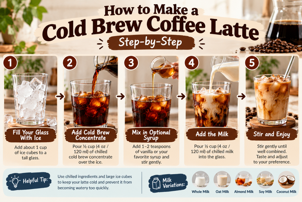  Five illustrated steps showing how to prepare a homemade cold brew latte with coffee concentrate, milk, syrup, and ice.
