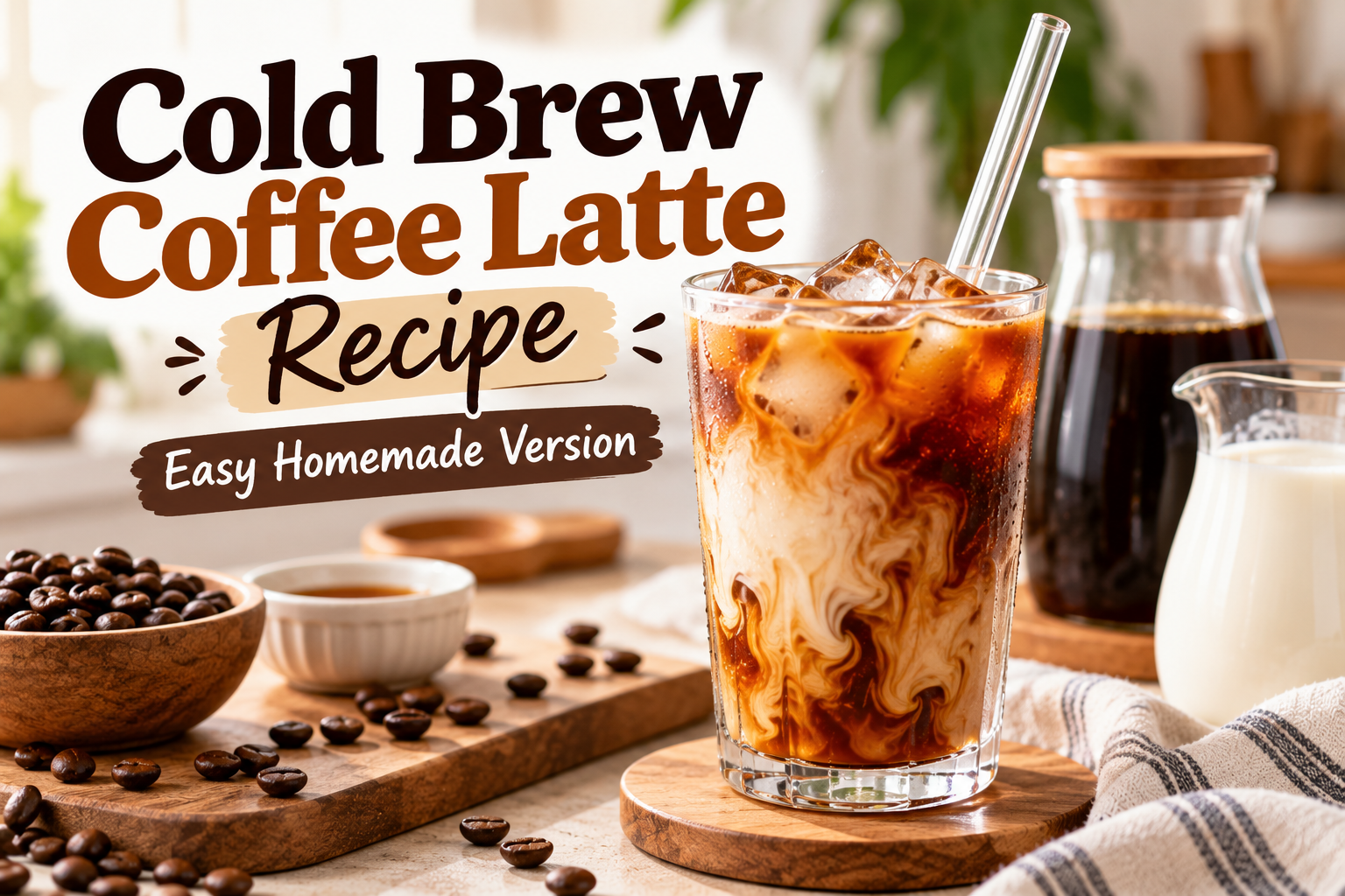 Homemade cold brew coffee latte with creamy milk swirls and ice in a transparent serving glass.