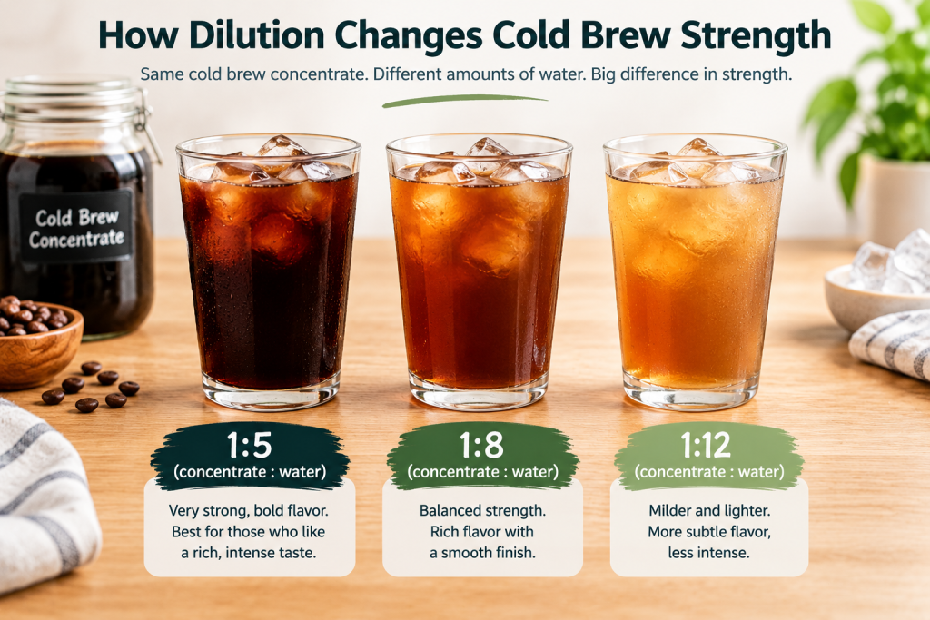 Three glasses of cold brew diluted with different amounts of water