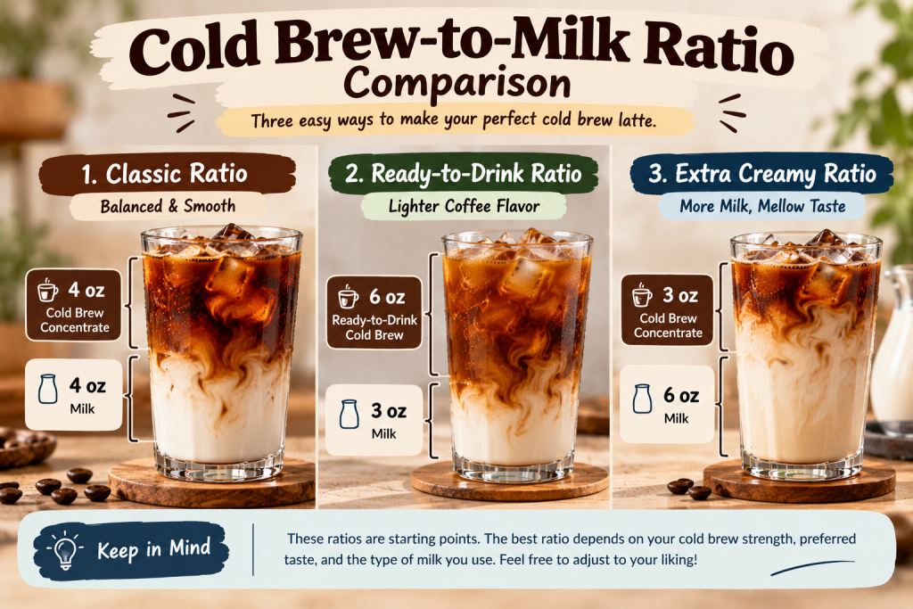 Visual comparison of cold brew coffee and milk quantities for classic, ready-to-drink, and extra-creamy cold brew lattes.