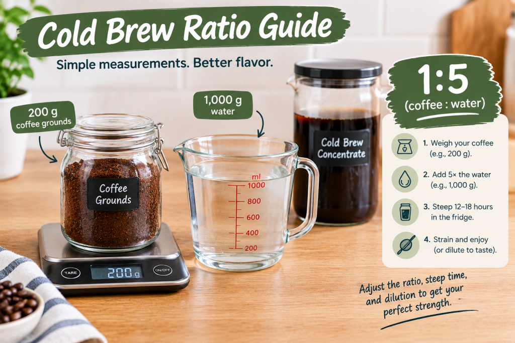 Kitchen scale with coffee grounds and a pitcher of water for cold brew  ratio guide