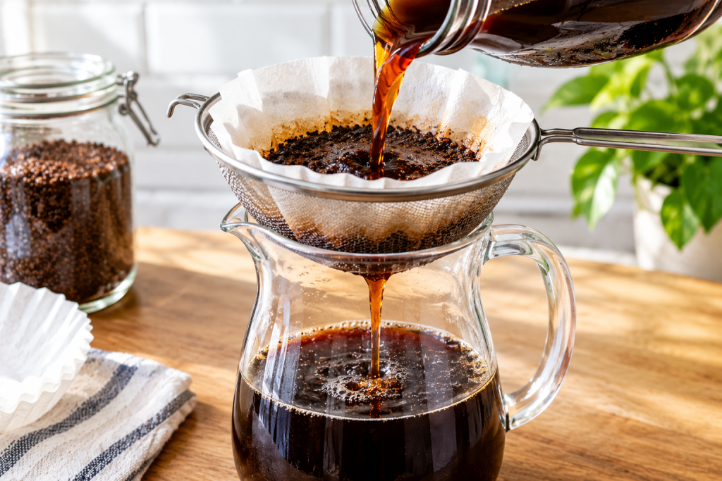 Straining cold brew concentrate through a paper filter into a pitcher