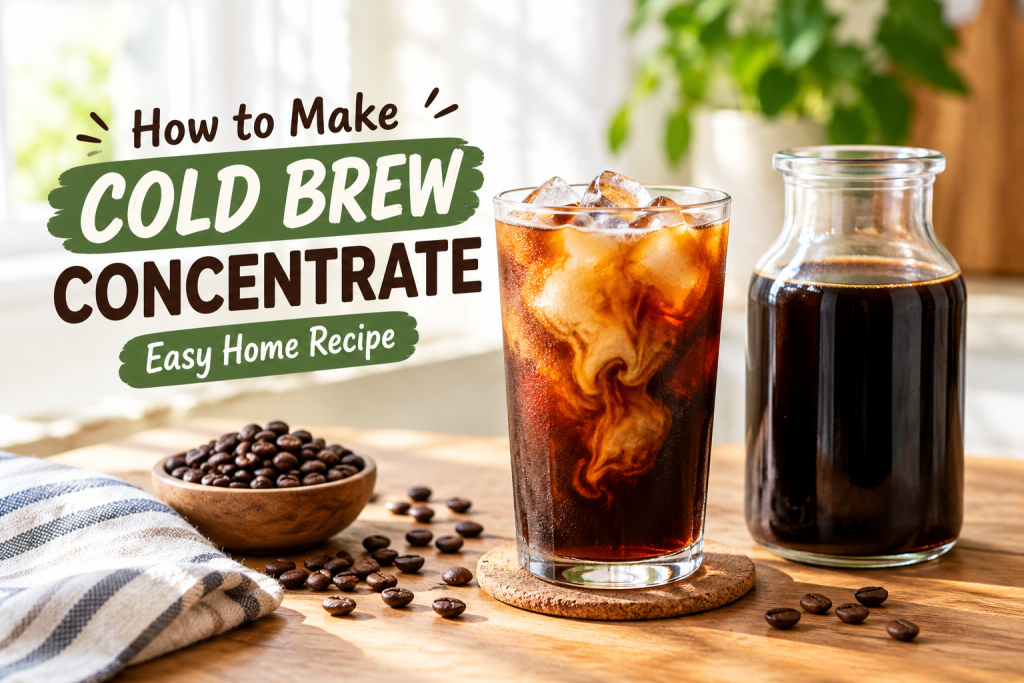 Glass of iced cold brew next to a jar of cold brew concentrate