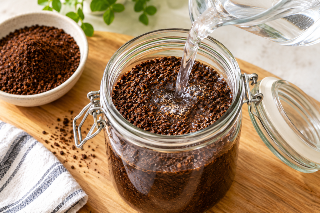 Pouring cold water over coarse coffee grounds in a glass jar