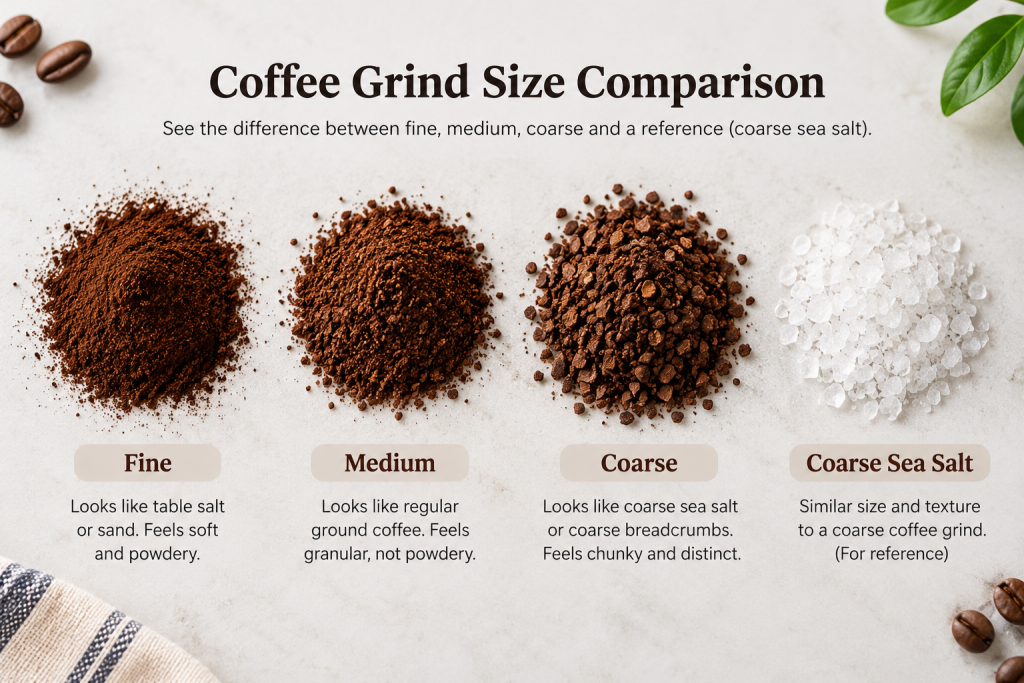 Three piles of fine, medium, and coarse coffee grounds side by side