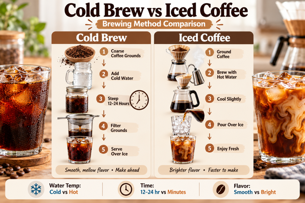 Infographic comparing slow cold-water steeping for cold brew with hot brewing over ice for iced coffee.
