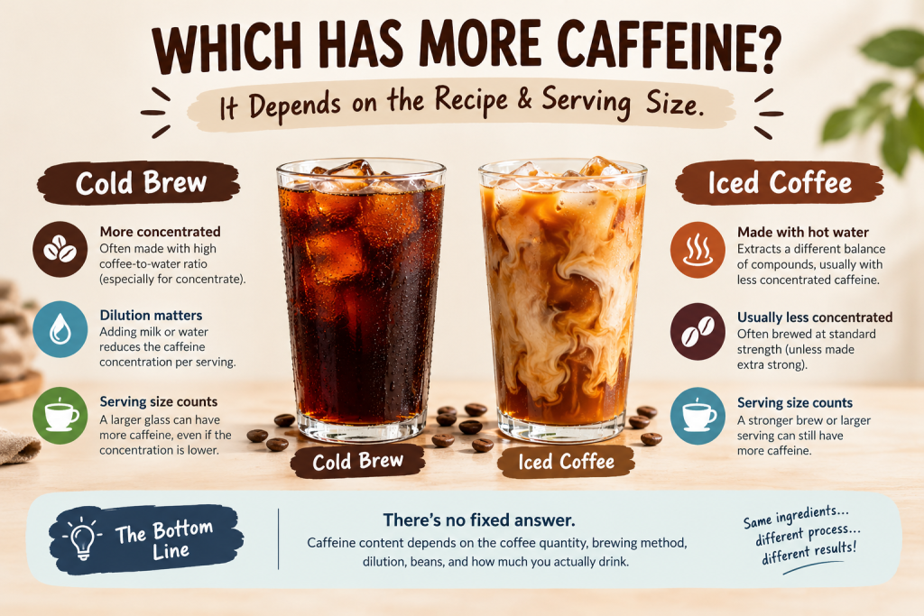 Educational graphic explaining that caffeine in cold brew and iced coffee depends on coffee quantity, dilution, and serving size.